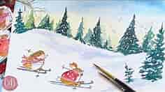 Skiing Hedgehog & Rabbit in Winter Wonderland of Watercolor