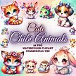 35 Cute Watercolor Chibi Animals Clipart Bundle, Cute Chibi Clipart, Anime Baby Animals PNG, Animal Sublimation Png Bundle, Nursery Animals