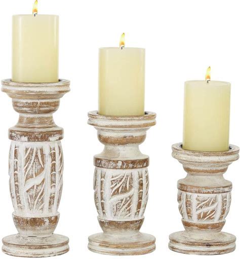 MyGift Vintage White Wood 3-Piece Pillar Candle Holder Set